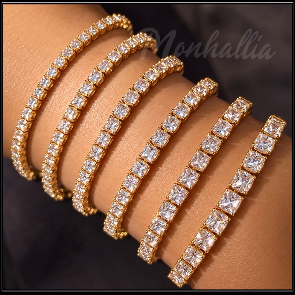 New 925 gold square cut baguette pave simulated diamond stone tennis bra…